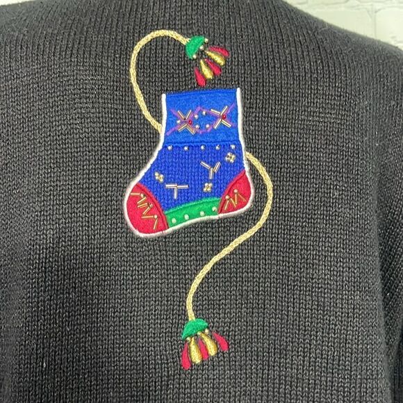 Vintage Embroidered Beaded Ugly Christmas Sweater Stocking themed Cardigan Large - Picture 7 of 8